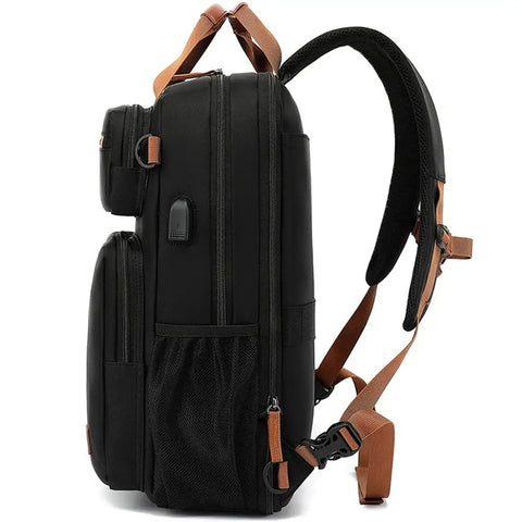 Side view of Casual Business Mens Laptop Backpack Waterproof Oxford Cloth Anti Theft Travel Go To Bag with side mesh pocket.