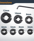 Seven Piece Metric Drill Bit Depth Stop Collar Set Built Tough For Dead Nuts Accurate Marked Sizing From 3mm To 12mm For Easy Woodworking And Doweling With Hex Wrench showing various sizes and hex wrench.