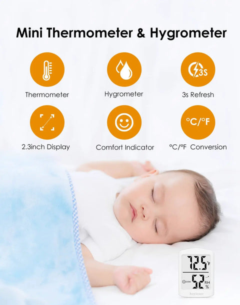 Smart Indoor Hygrometer Digital Thermometer With Quick 3 Second Refresh Humidity Meter next to sleeping baby showcasing comfort
