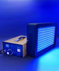 Badass High Power UV LED Curing Lamp With Quick Timing For Epoxy Resin Glue 3D Print Ink And Silk Screen Jobs Hella Durable Aluminum Housing straight view with blue light