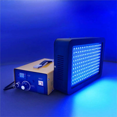 Badass High Power UV LED Curing Lamp With Quick Timing For Epoxy Resin Glue 3D Print Ink And Silk Screen Jobs Hella Durable Aluminum Housing straight view with blue light