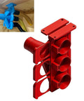 Triple Blast Gate For Dust Collection System With Sealed Airflow Switch And 3-Way Ball Valve To Boost Suction Efficiency In Your Workshop No Hose Swapping Needed Red close-up image showing red 4 inch dust extraction ports and valve.