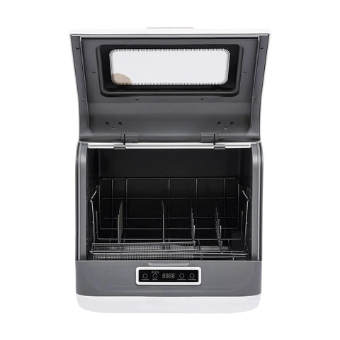 Interior view of the Sleek Stainless Steel Portable Countertop Dishwasher with 8L Built-In Water Tank, showing clean racks and control panel.