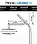 All Metal Dual Shower Head Kit With Rainfall Shower Head And Handheld Wand dimensions showing lengths of each component.
