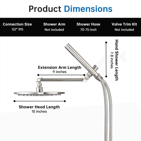 All Metal Dual Shower Head Kit With Rainfall Shower Head And Handheld Wand dimensions showing lengths of each component.