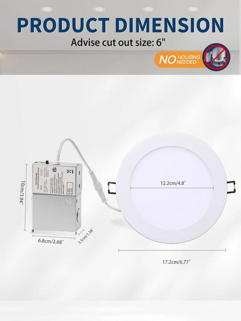 POPANU 6 Inch LED Recessed Light 12 Pack, Canless Wafer Lighting, 6000K White dimensions with measurements and cut-out size