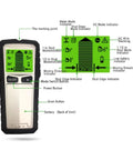 Hella Reliable 4 In 1 Wall Scanner Detector showing LCD display features and buttons for locating wood, metal, and live AC wires.