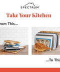 Heavy Duty Metal Kitchen Organizer Featuring An Eight Slot Cutting Board Holder Stand For Countertop Or Cabinet Setup That Hits Different When You Need To Knock Out Clutter And Keep Counters Slick In Satin Nickel, showcasing before and after organization.