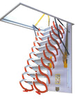 Rock Solid Telescoping Electric Attic Ladder With Retractable Pull Down Stairs Smooth Ceiling Hatch Access Tough Titanium Magnesium Alloy Loft System Quick One Touch Operation, showing compact design and sturdy steps.