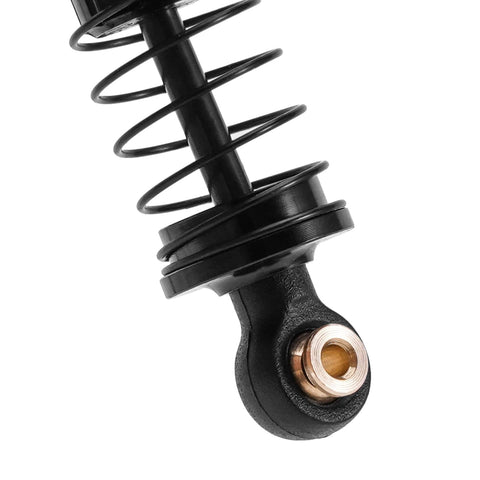 Close-up of black aluminum 40mm Big Bore Oil Shock Absorbers for 1 24 Scale RC Rigs Upgrade SCX24 FCX24M with threaded bodies.