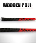 Wooden pole with red and black design, ideal for sports or recreational use, featuring textured grip for stability.