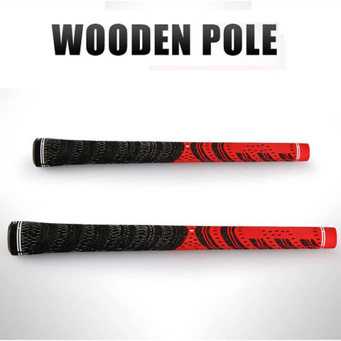 Wooden pole with red and black design, ideal for sports or recreational use, featuring textured grip for stability.