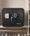 Beefy Fireproof And Waterproof Safe With Backlit Digital Keypad And Override Key For Passports Money Jewelry And Important Documents 0.81 Cubic Feet Of Secure Protection shown in closet setting.