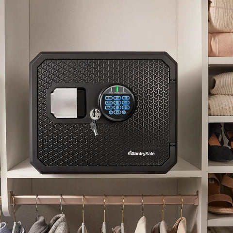 Beefy Fireproof And Waterproof Safe With Backlit Digital Keypad And Override Key For Passports Money Jewelry And Important Documents 0.81 Cubic Feet Of Secure Protection shown in closet setting.
