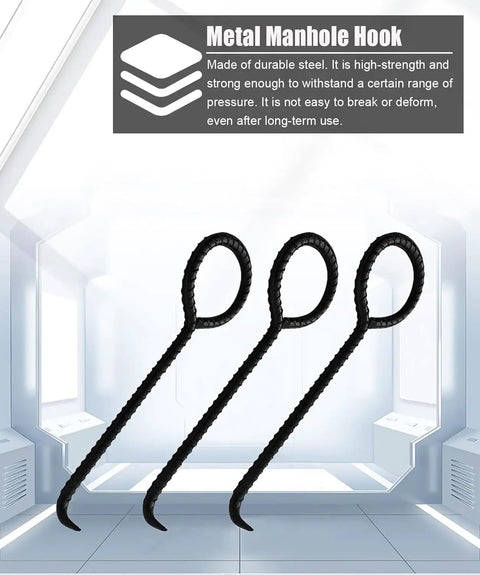 Heavy Duty Steel Manhole Cover Lifter Set Of Three With Knockout Grip For Quick Sewer Grate Opening And Roller Door Access Game Changer Design With Zero Sweat Manual Labor For Everyday Home Tasks - three metal manhole hooks.
