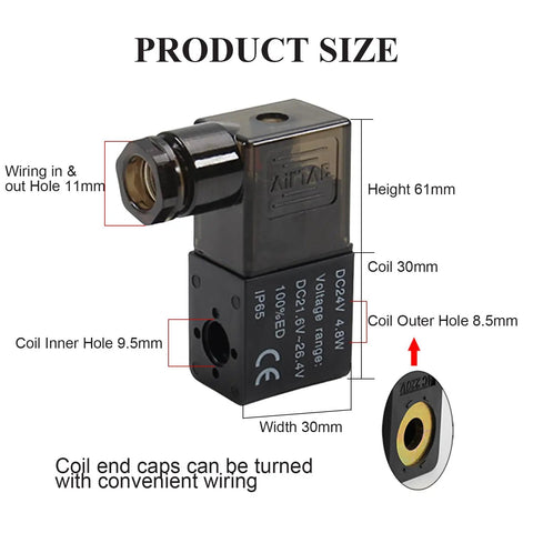 24V DC Pneumatic Solenoid Valve Coil For Electric Air Valves Replacement Parts Copper Coil with size dimensions labeled