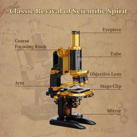 Retro Microscope Building Kit With Antique Brass Finish For Adults Dope DIY Science Toy Realistic Brass Details Hands On STEM Project Educational Desk Decor For Makers And Curious Minds, labeled parts view