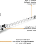 3/8 Inch Drive 84-Tooth Locking Flex Head Teardrop Ratchet, 11-1/2 Inch Handle, chrome finish, 9-position locking flex head, teardrop shape