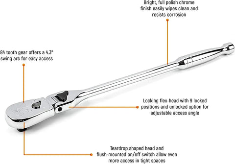 3/8 Inch Drive 84-Tooth Locking Flex Head Teardrop Ratchet, 11-1/2 Inch Handle, chrome finish, 9-position locking flex head, teardrop shape