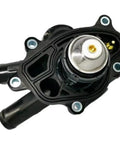 Direct Fit Engine Cooling Thermostat Housing Assembly For Mercedes Benz C Class E Class Model Years 2007 To 2021, top view, black plastic and metal components.