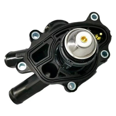 Direct Fit Engine Cooling Thermostat Housing Assembly For Mercedes Benz C Class E Class Model Years 2007 To 2021, top view, black plastic and metal components.