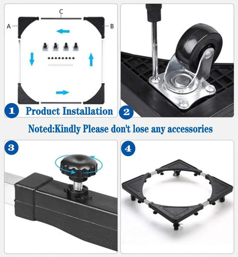 Installation steps for Adjustable Washing Machine Base And Telescoping Furniture Dolly with wheels and locking casters.