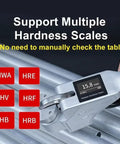 Handheld Digital Hardness Tester With Auto Storage And Quick Scale Switch For Steel Aluminum Brass Copper And Tough Metals, showing scale options and readout.