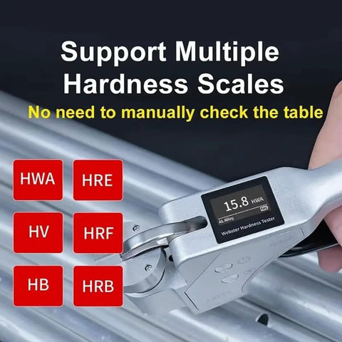 Handheld Digital Hardness Tester With Auto Storage And Quick Scale Switch For Steel Aluminum Brass Copper And Tough Metals, showing scale options and readout.