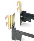 Four Pack Offset Conversion Brackets For Bolt On Metal Bed Frames That Switch To Hook On Headboards In No Time. Steel adapters in close-up view.