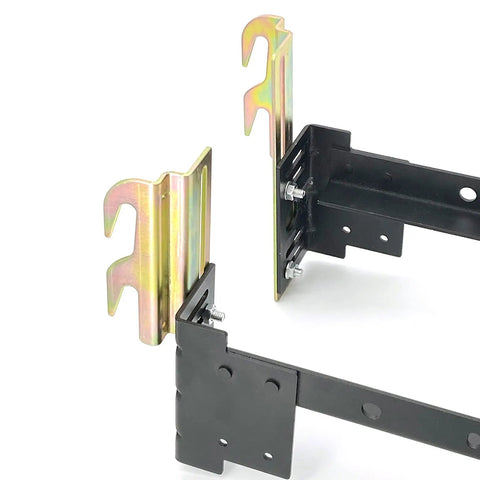 Four Pack Offset Conversion Brackets For Bolt On Metal Bed Frames That Switch To Hook On Headboards In No Time. Steel adapters in close-up view.