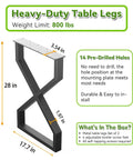 Heavy Duty Black Hourglass Shaped Table Legs Set Of 2 For Dining Tables, Industrial Metal Supports, 28 Inch High, 800 Pound Capacity