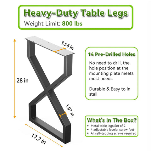 Heavy Duty Black Hourglass Shaped Table Legs Set Of 2 For Dining Tables, Industrial Metal Supports, 28 Inch High, 800 Pound Capacity