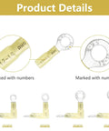 Close-up of yellow ring terminals from 100 Piece All In One Heat Shrink Ring Connectors Kit With Yellow Marine Grade Ring Terminals Including Size Ten Eyelets In One Quarter Inch Five Sixteenths Inch And Three Eighths Inch Storage Box Included For Easy Access, showing marked sizes.