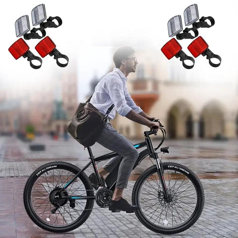 Cyclist with Eight Piece Bike Front And Rear Reflectors Kit With Wheel Spoke Reflectors For Handlebar And Seatpost Cycling Safety Reflectors Set Red And White For Road Riding And Daylight Visibility