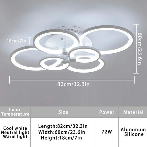 72W LED Ceiling Light Fixture With Remote Control Six Heads Modern Acrylic Chandeliers Dimmable Flush Mount Lamp Color Temperature 3000K To 6500K shown in dimensions and materials