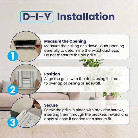 DIY installation steps for No Fuss Easy Fit 14x14 Aluminum 4 Way Vent Cover With Adjustable Curved Blade Dampers for wall ceiling HVAC