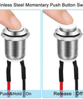 5 Pack 12mm Waterproof Momentary Push Button Switches Prewired Stainless Steel High Head On Off 2A 12V/24V/125V/250V AC IP65 Rugged Panel Buttons For Wet And Dusty Environments showing on and off positions