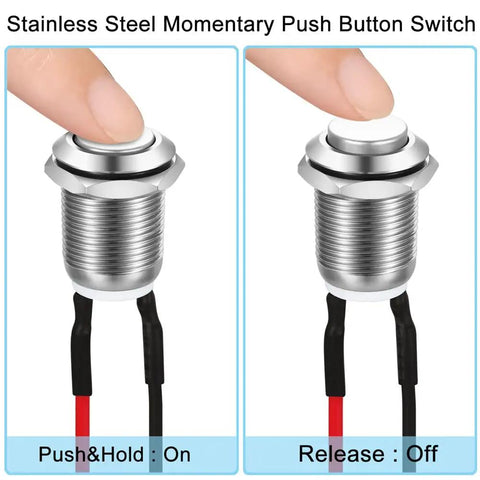 5 Pack 12mm Waterproof Momentary Push Button Switches Prewired Stainless Steel High Head On Off 2A 12V/24V/125V/250V AC IP65 Rugged Panel Buttons For Wet And Dusty Environments showing on and off positions