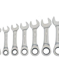 7 Piece SAE Ratcheting Wrench Set With 72 Tooth Box End 15 Degree Offset Chrome Finish displayed in order of size