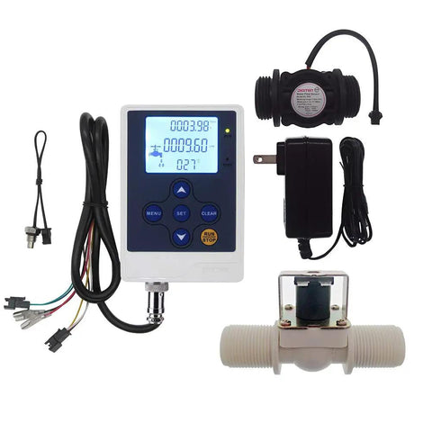 Water Flow Control Kit With LCD Display, G1 Flow Sensor, solenoid valve, power supply, and cables for real-time flow monitoring
