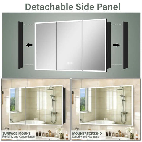 LED Medicine Cabinet 48 By 32 Inch With Demister featuring detachable side panels for recessed or surface mount installation.