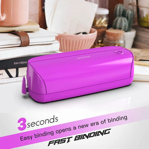Electric 3 Hole Paper Punch With Adapter 20 Sheet Capacity AC Or Battery Powered Purple tool on desk with decor