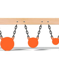 AR500 Steel Gong Target Set With Chains 3/8 Inch Thick 4, 6, and 8 Inch Neon Orange Targets displayed on wooden beam