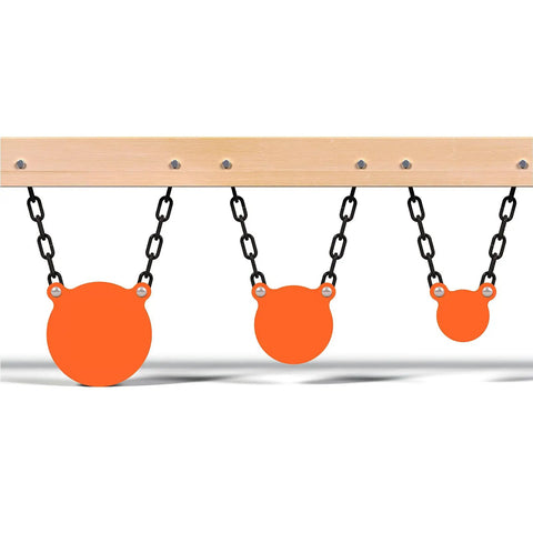 AR500 Steel Gong Target Set With Chains 3/8 Inch Thick 4, 6, and 8 Inch Neon Orange Targets displayed on wooden beam