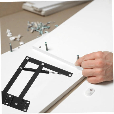 HOLIDYOYO heavy-duty lift-up spring hinge, black metal, installation view on white cabinet panel.