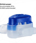 Blue Insulation Displacement Connector For 2 Or 3 Wires Pigtail Self Stripping And Moisture Resistant 22 To 14 AWG Solid Or Stranded Wire With Tin Plated Brass Contacts Pack Of 50, side view