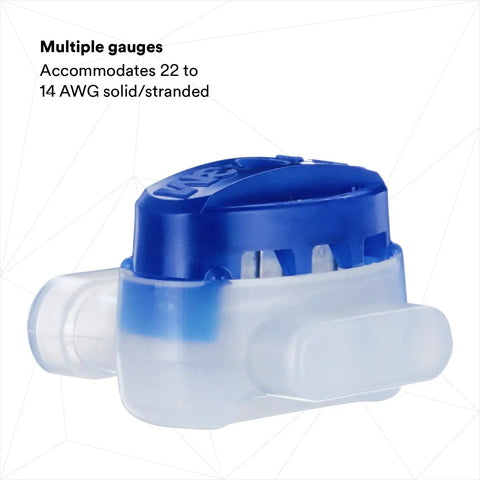 Blue Insulation Displacement Connector For 2 Or 3 Wires Pigtail Self Stripping And Moisture Resistant 22 To 14 AWG Solid Or Stranded Wire With Tin Plated Brass Contacts Pack Of 50, side view