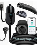 Portable EV Charger 30 Amps Level 1 and Level 2 with Wifi Smart App and 25 ft cable, showing plugs and app interface.