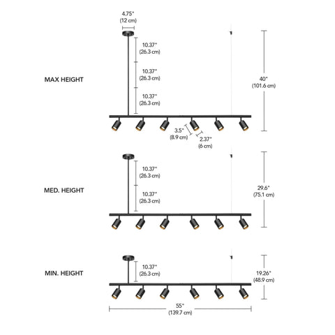 Diagram of Globe Electric 64000123 55" 6-Light Adjustable Height Track Light, matte black, illustrating max, med, and min height options.