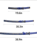 Three Piece Iaido Katana Set With Display Stand, Badass Blue Blade And Engraved Scabbard Pattern showing three sword lengths